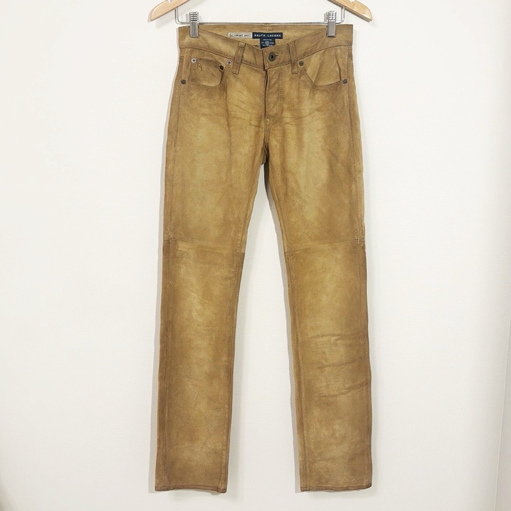NEW RALPH LAUREN RL Cowboy Boot 100% Leather Pants Distressed Mustard Size 25 - Picture 8 of 8